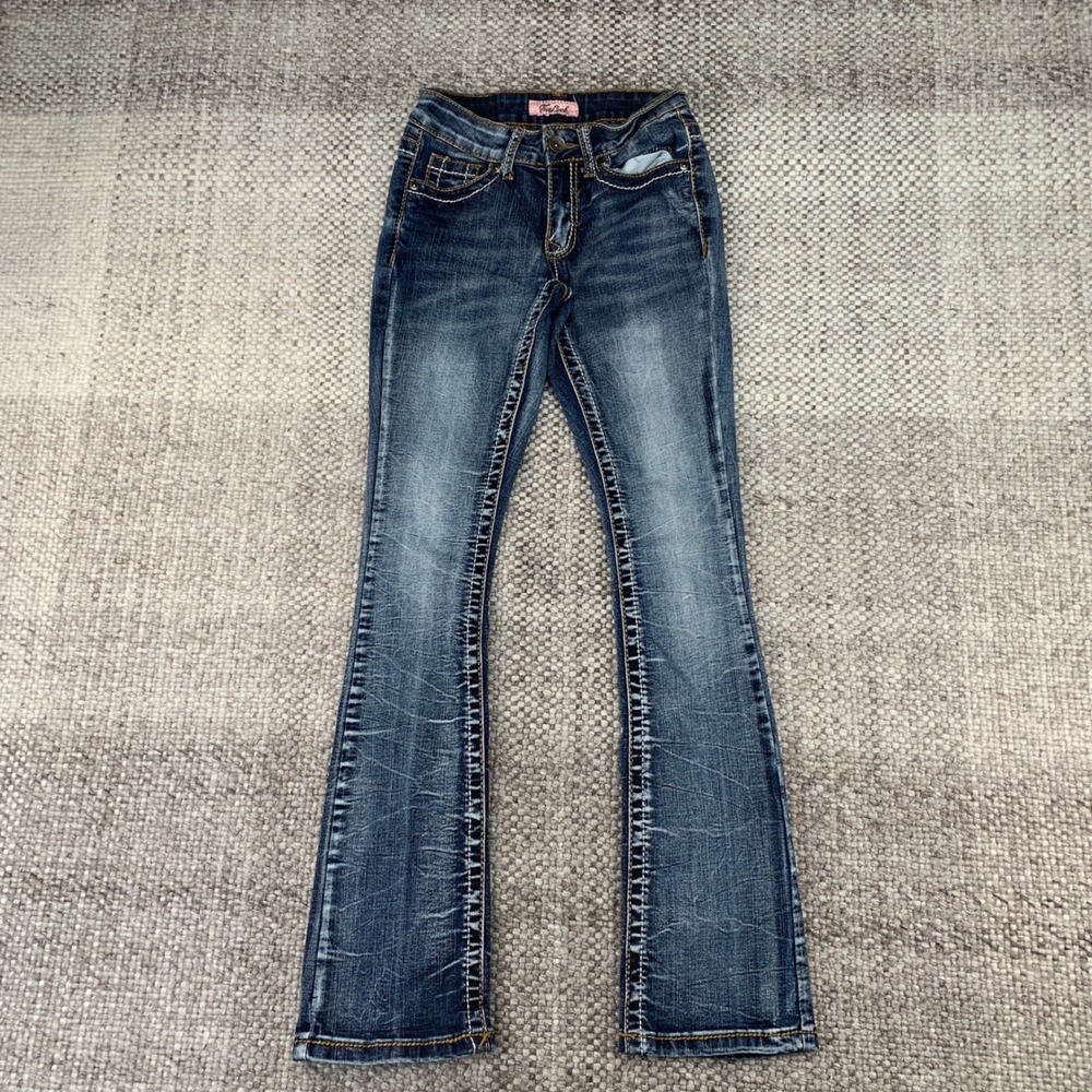 True Luck Bootcut Jeans Womens 1/2 Blue Dark Wash Embroidered Slim Mid Rise